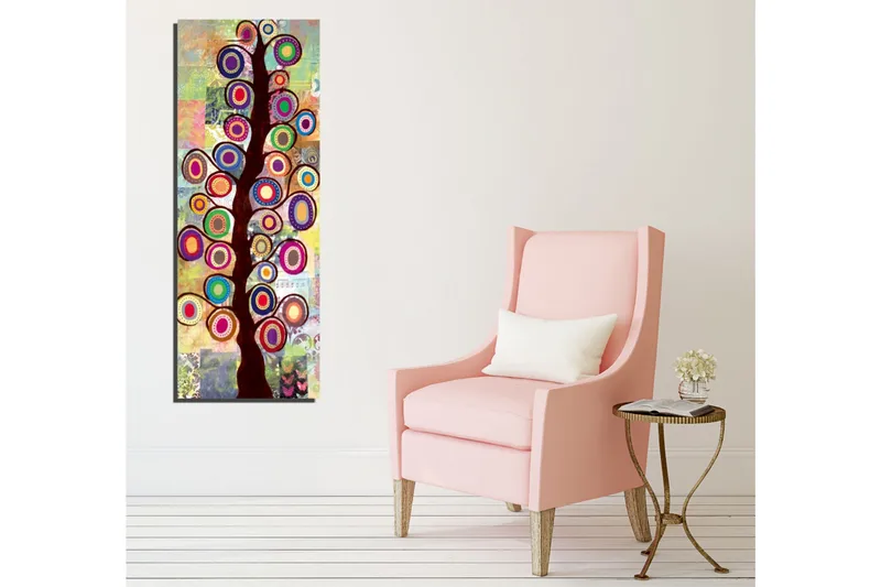Canvastavla 30x80 cm - Färgglad trädkonst med cirkulära bladverk - Mörkbrun / Ceruleanblå / Lila - Inredning - Tavlor & konst - Canvastavlor