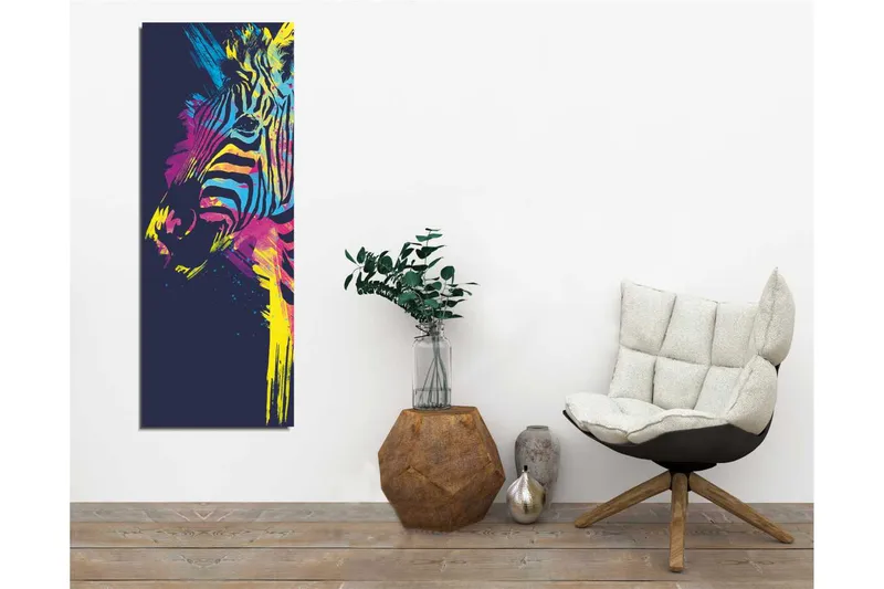Canvastavla 30x80 cm - Färgglad zebra med abstrakta linjer - Blå / Gul / Rosa - Inredning - Tavlor & konst - Canvastavlor