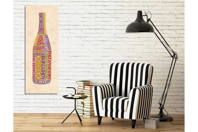 Canvastavla 30x80 cm - Flaska formad av ord relaterade till vin - Lila / Röd / Gul - Inredning - Tavlor & konst - Canvastavlor