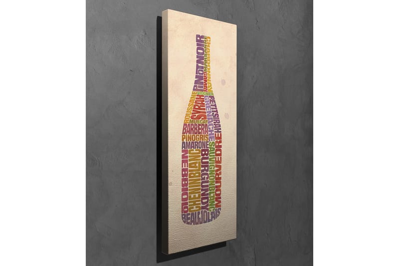 Canvastavla 30x80 cm - Flaska formad av ord relaterade till vin - Lila / Röd / Gul - Inredning - Tavlor & konst - Canvastavlor