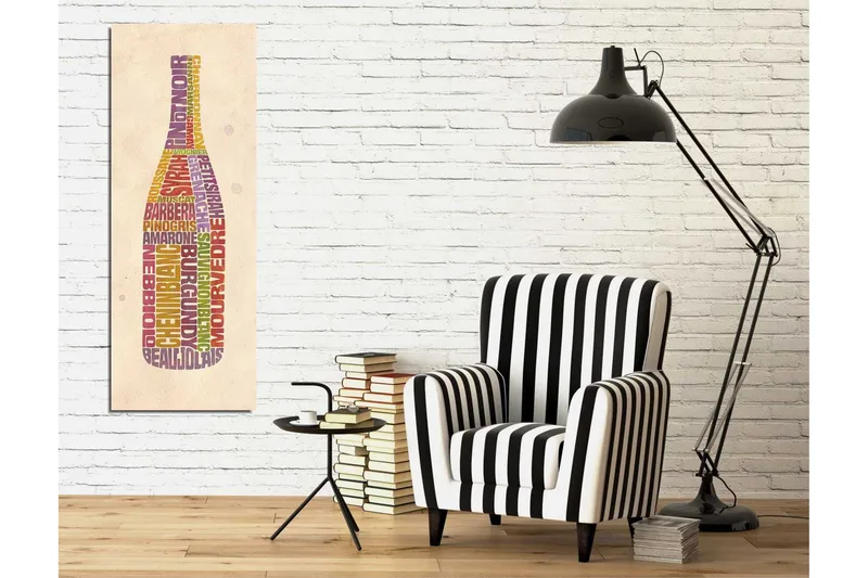 Canvastavla 30x80 cm - Flaska formad av ord relaterade till vin - Lila / Röd / Gul - Inredning - Tavlor & konst - Canvastavlor
