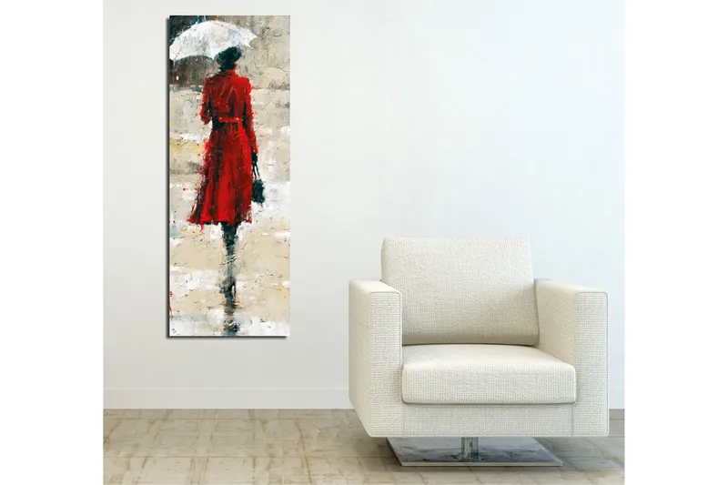 Canvastavla 30x80 cm - Kvinna i röd klänning med paraply - Röd / Grå / Svart - Inredning - Tavlor & konst - Canvastavlor