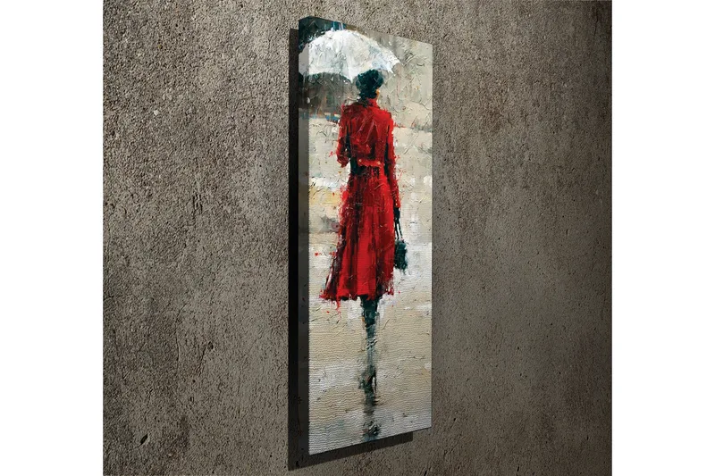 Canvastavla 30x80 cm - Kvinna i röd klänning med paraply - Röd / Grå / Svart - Inredning - Tavlor & konst - Canvastavlor