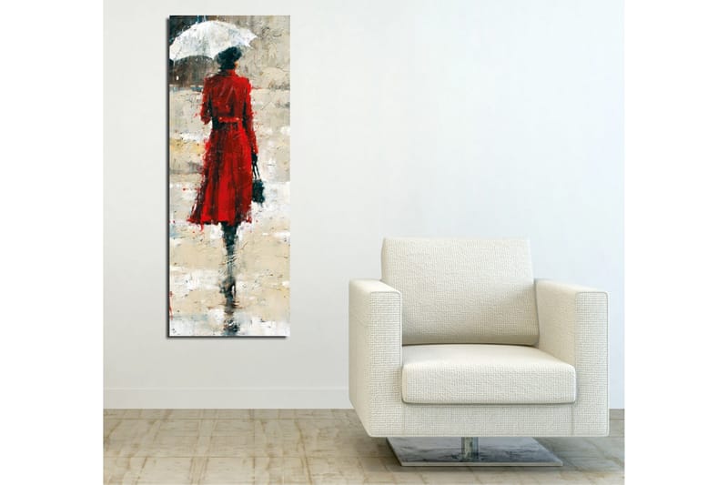 Canvastavla 30x80 cm - Kvinna i röd klänning med paraply - Röd / Grå / Svart - Inredning - Tavlor & konst - Canvastavlor