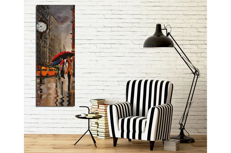 Canvastavla 30x80 cm - Livlig stadsscen med människor som går under paraplyer i regnet - Röd / Gul / Grå - Inredning - Tavlor & konst - Canvastavlor