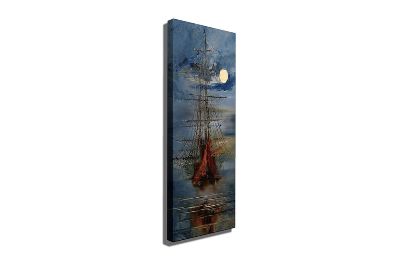 Canvastavla 30x80 cm - Segelbåt på en spegelblanka sjö under en fullmåne, Mörkblå / Orange / Vit