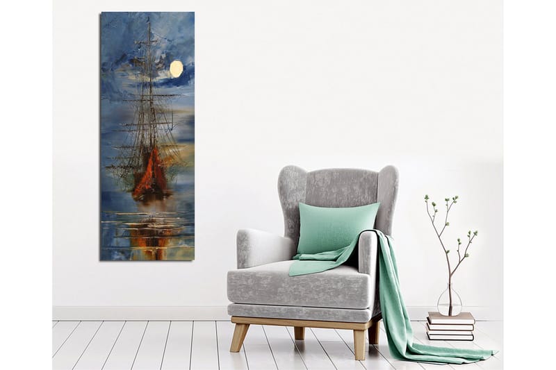 Canvastavla 30x80 cm - Segelbåt på en spegelblanka sjö under en fullmåne - Mörkblå / Orange / Vit - Inredning - Tavlor & konst - Canvastavlor
