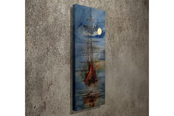 Canvastavla 30x80 cm - Segelbåt på en spegelblanka sjö under en fullmåne - Mörkblå / Orange / Vit - Inredning - Tavlor & konst - Canvastavlor