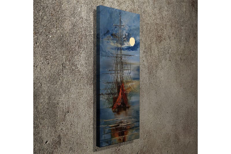 Canvastavla 30x80 cm - Segelbåt på en spegelblanka sjö under en fullmåne - Mörkblå / Orange / Vit - Inredning - Tavlor & konst - Canvastavlor