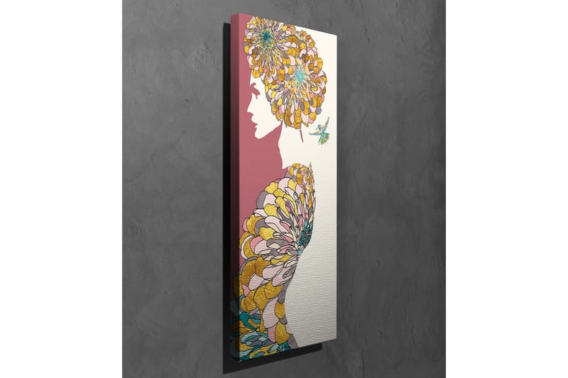 Canvastavla 30x80 cm - Silhuett av en kvinna med blommor som frisyr - Rosa / Gul / Grön - Inredning - Tavlor & konst - Canvastavlor
