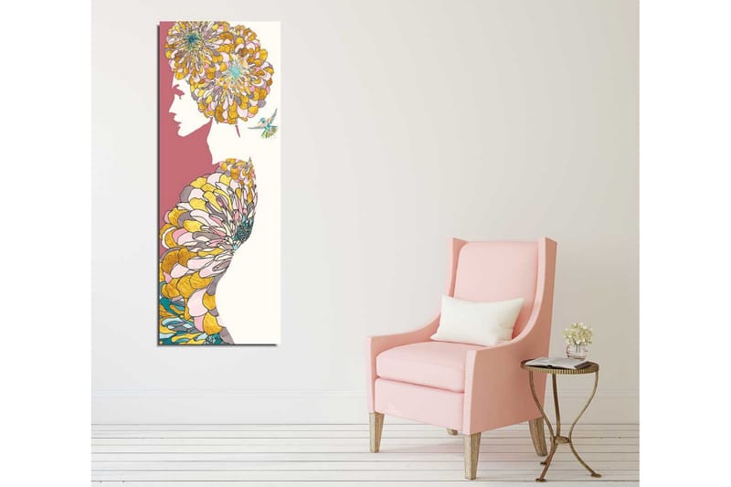 Canvastavla 30x80 cm - Silhuett av en kvinna med blommor som frisyr - Rosa / Gul / Grön - Inredning - Tavlor & konst - Canvastavlor