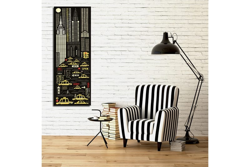 Canvastavla 30x80 cm - Stadsbild med gula taxibilar och skyskrapor i en nattlig miljö - Svart / Gul / Vit - Inredning - Tavlor & konst - Canvastavlor