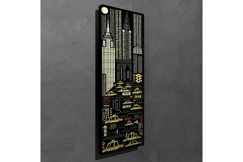 Canvastavla 30x80 cm - Stadsbild med gula taxibilar och skyskrapor i en nattlig miljö - Svart / Gul / Vit - Inredning - Tavlor & konst - Canvastavlor