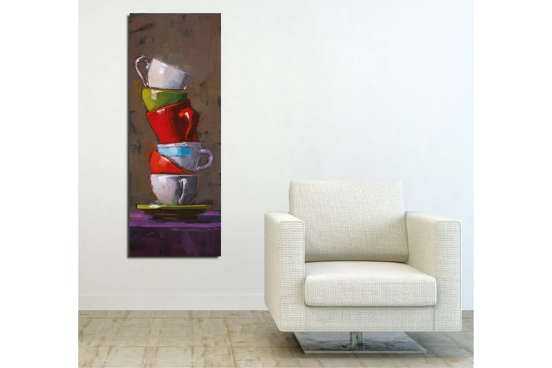 Canvastavla 30x80 cm - Staplade kaffekoppar i olika färger - Röd / Grön / Vit - Inredning - Tavlor & konst - Canvastavlor