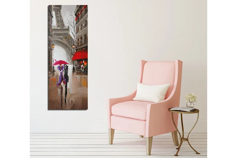 Canvastavla 30x80 cm - Pariserbilar under regn med färgglada paraplyer - Röd / Lila / Grå - Inredning - Tavlor & konst - Canvastavlor