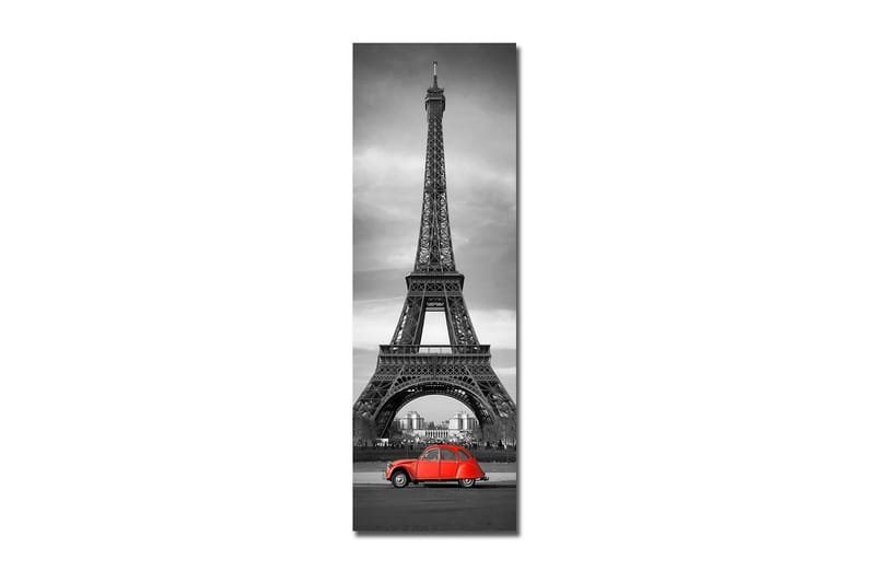 Canvastavla 30x90 cm - Röd bil framför Eiffeltornet i svartvitt - Röd / Svart / Grå - Inredning - Tavlor & konst - Canvastavlor