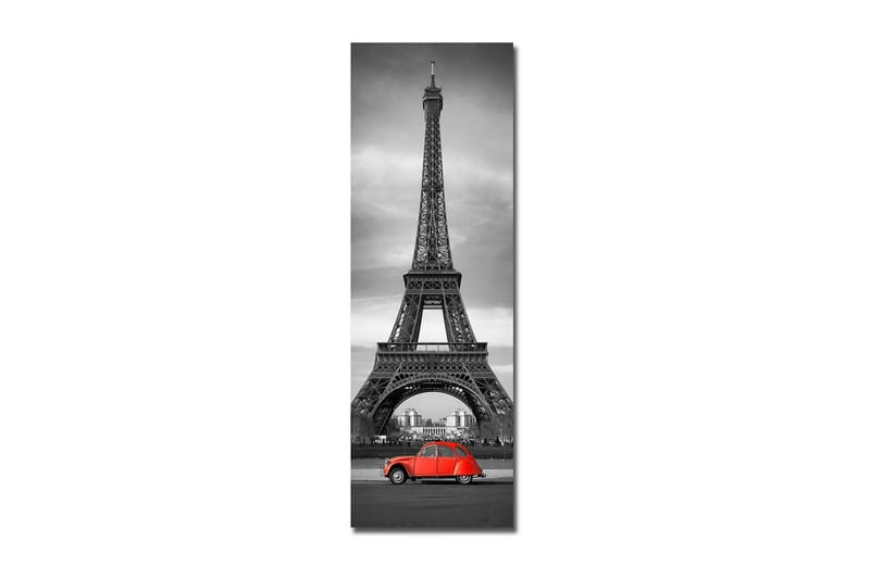 Canvastavla 30x90 cm - Röd bil framför Eiffeltornet i svartvitt - Röd / Svart / Grå - Inredning - Tavlor & konst - Canvastavlor