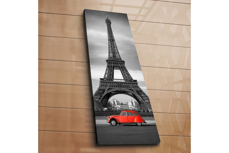 Canvastavla 30x90 cm - Röd bil framför Eiffeltornet i svartvitt - Röd / Svart / Grå - Inredning - Tavlor & konst - Canvastavlor