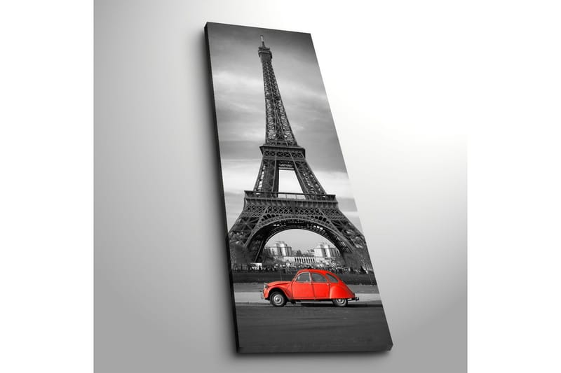 Canvastavla 30x90 cm - Röd bil framför Eiffeltornet i svartvitt - Röd / Svart / Grå - Inredning - Tavlor & konst - Canvastavlor