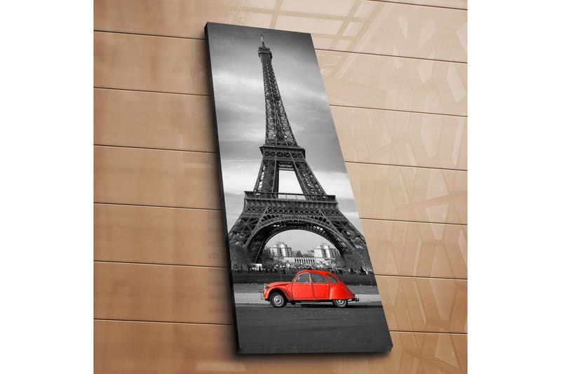 Canvastavla 30x90 cm - Röd bil framför Eiffeltornet i svartvitt - Röd / Svart / Grå - Inredning - Tavlor & konst - Canvastavlor