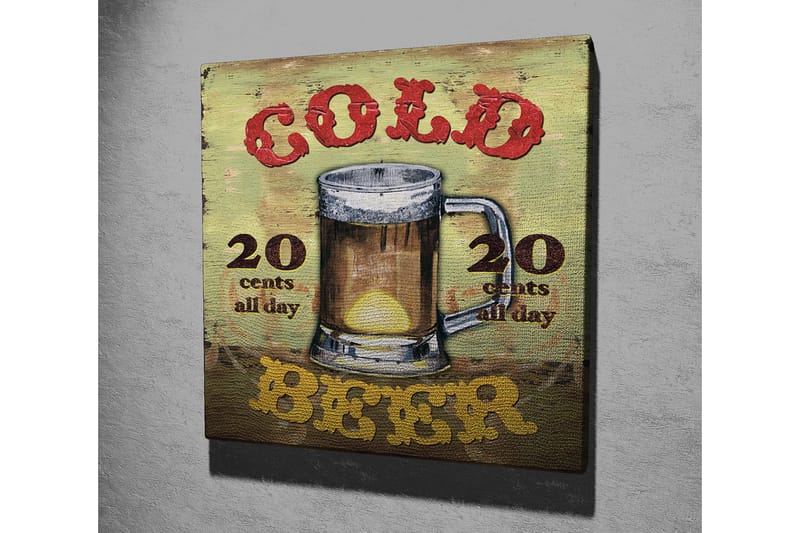 Canvastavla 45x45 cm - Ölkrus med texten Cold Beer och prisinformation - Grön / Brun / Röd - Inredning - Tavlor & konst - Canvastavlor