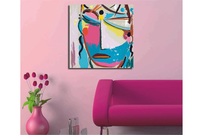Canvastavla 45x45 cm - Abstrakt ansikte med färgglada inslag - Blå / Rosa / Gul - Inredning - Tavlor & konst - Canvastavlor