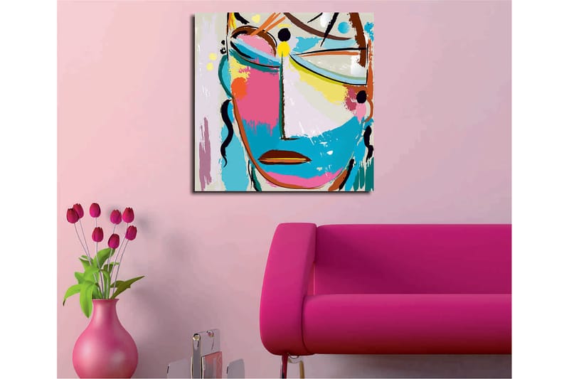 Canvastavla 45x45 cm - Abstrakt ansikte med färgglada inslag - Blå / Rosa / Gul - Inredning - Tavlor & konst - Canvastavlor
