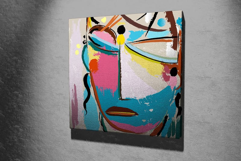 Canvastavla 45x45 cm - Abstrakt ansikte med färgglada inslag - Blå / Rosa / Gul - Inredning - Tavlor & konst - Canvastavlor