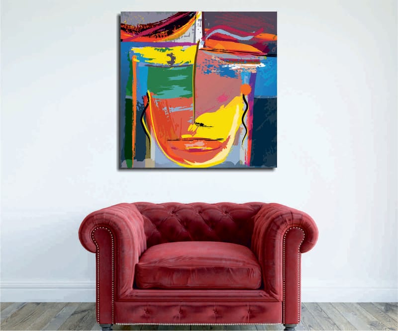 Canvastavla 45x45 cm - Abstrakt ansikte med starka färger och geometriska former, Gul / Grön / Blå