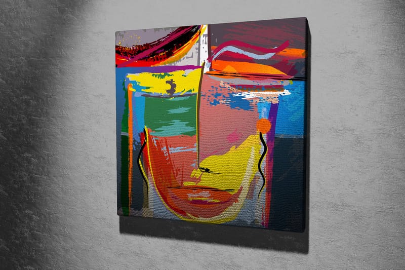 Canvastavla 45x45 cm - Abstrakt ansikte med starka färger och geometriska former - Gul / Grön / Blå - Inredning - Tavlor & konst - Canvastavlor