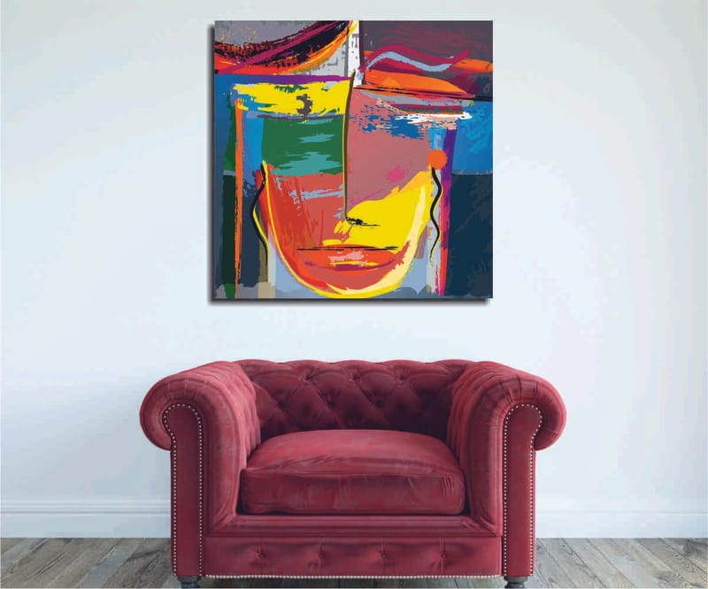 Canvastavla 45x45 cm - Abstrakt ansikte med starka färger och geometriska former, Gul / Grön / Blå