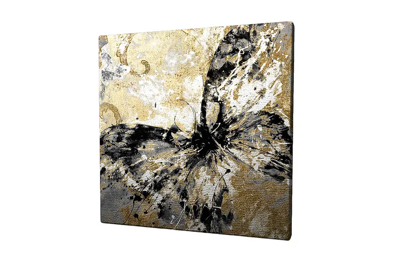 Canvastavla 45x45 cm - Abstrakt fjäril med guldiga och svarta inslag, Guld / Svart / Vitt