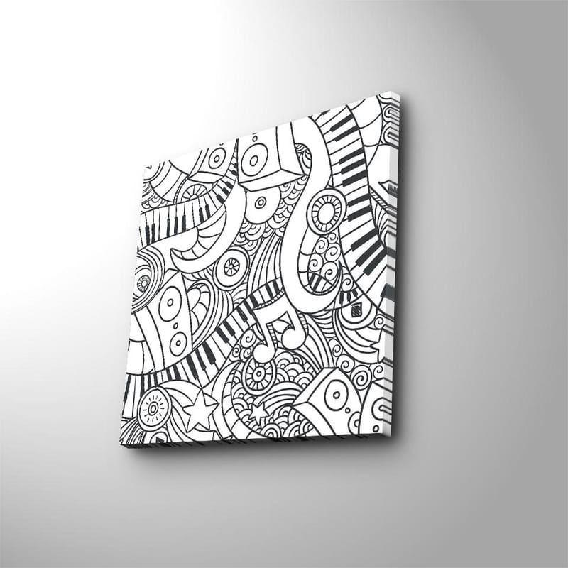 Canvastavla 45x45 cm - Abstrakt komposition med musikaliska element och mönster - Svart / Vitt - Inredning - Tavlor & konst - Canvastavlor