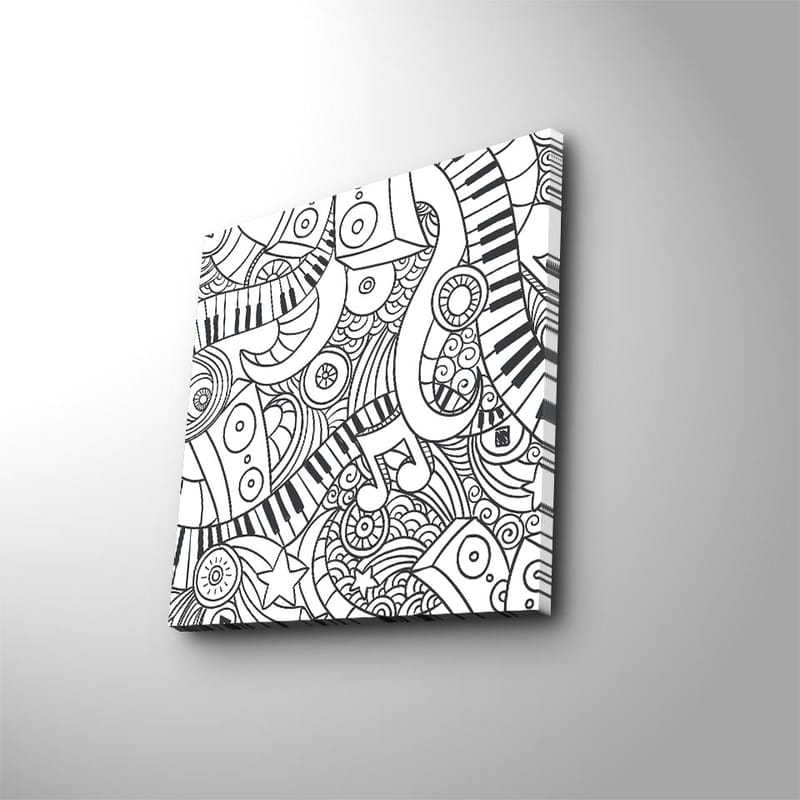 Canvastavla 45x45 cm - Abstrakt komposition med musikaliska element och mönster - Svart / Vitt - Inredning - Tavlor & konst - Canvastavlor