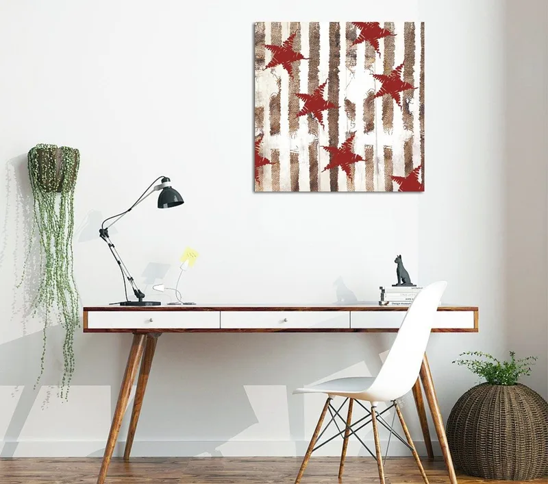 Canvastavla 45x45 cm - Abstrakt komposition med stjärnor och vertikala linjer, Röd / Brun / Vit