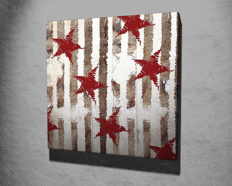 Canvastavla 45x45 cm - Abstrakt komposition med stjärnor och vertikala linjer - Röd / Brun / Vit - Inredning - Tavlor & konst - Canvastavlor