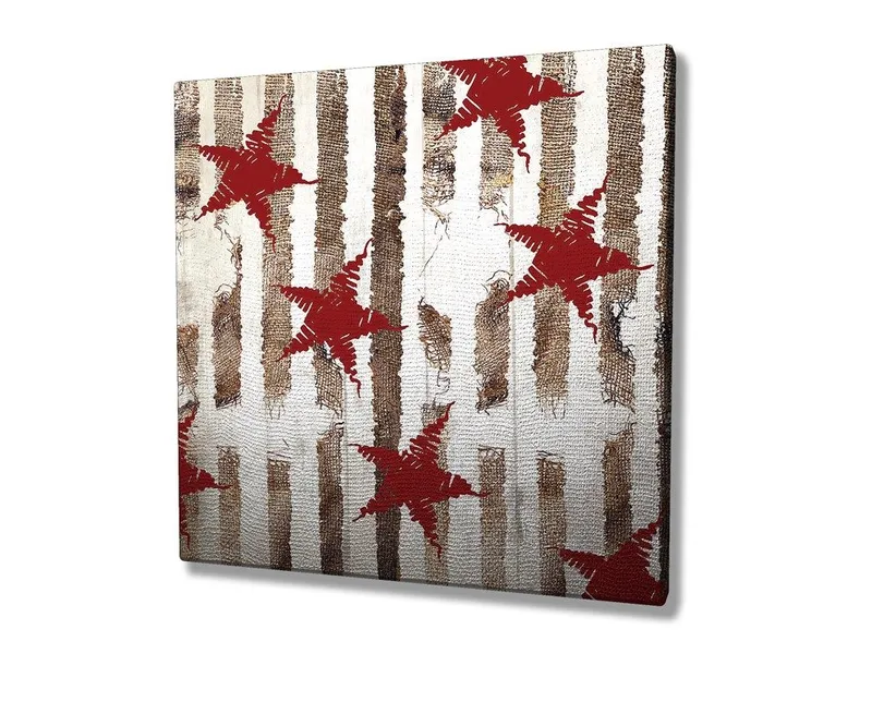 Canvastavla 45x45 cm - Abstrakt komposition med stjärnor och vertikala linjer - Röd / Brun / Vit - Inredning - Tavlor & konst - Canvastavlor