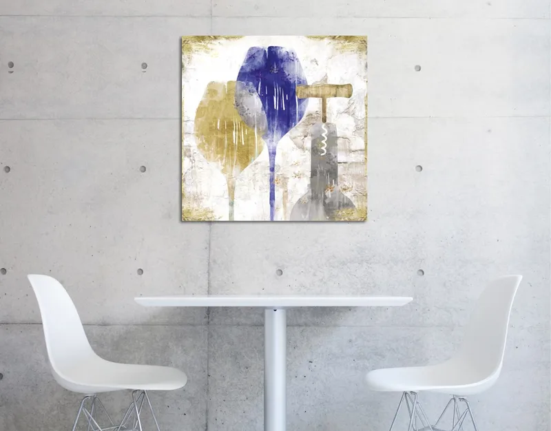 Canvastavla 45x45 cm - Abstrakt komposition med vinglas och korkskruv - Blå / Gul / Grå - Inredning - Tavlor & konst - Canvastavlor