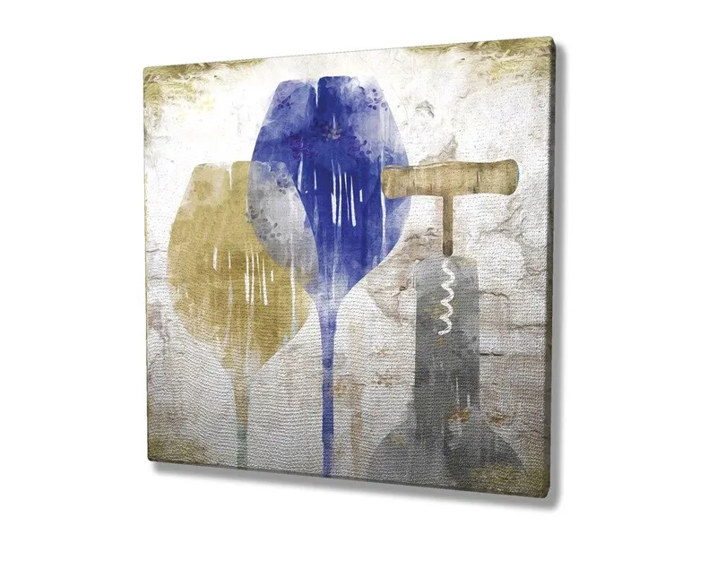 Canvastavla 45x45 cm - Abstrakt komposition med vinglas och korkskruv - Blå / Gul / Grå - Inredning - Tavlor & konst - Canvastavlor