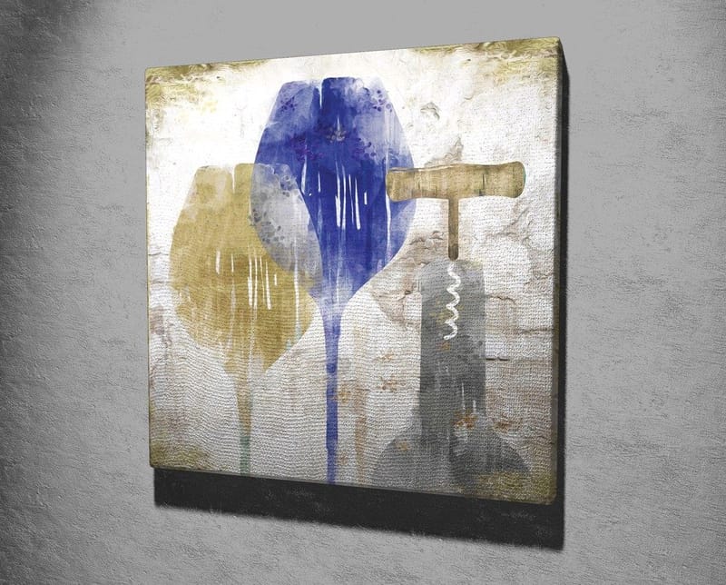 Canvastavla 45x45 cm - Abstrakt komposition med vinglas och korkskruv - Blå / Gul / Grå - Inredning - Tavlor & konst - Canvastavlor