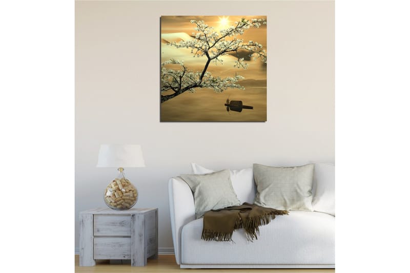 Canvastavla 45x45 cm - Blommande körsbärsträd vid solnedgången - Vit / Guld / Grön - Inredning - Tavlor & konst - Canvastavlor