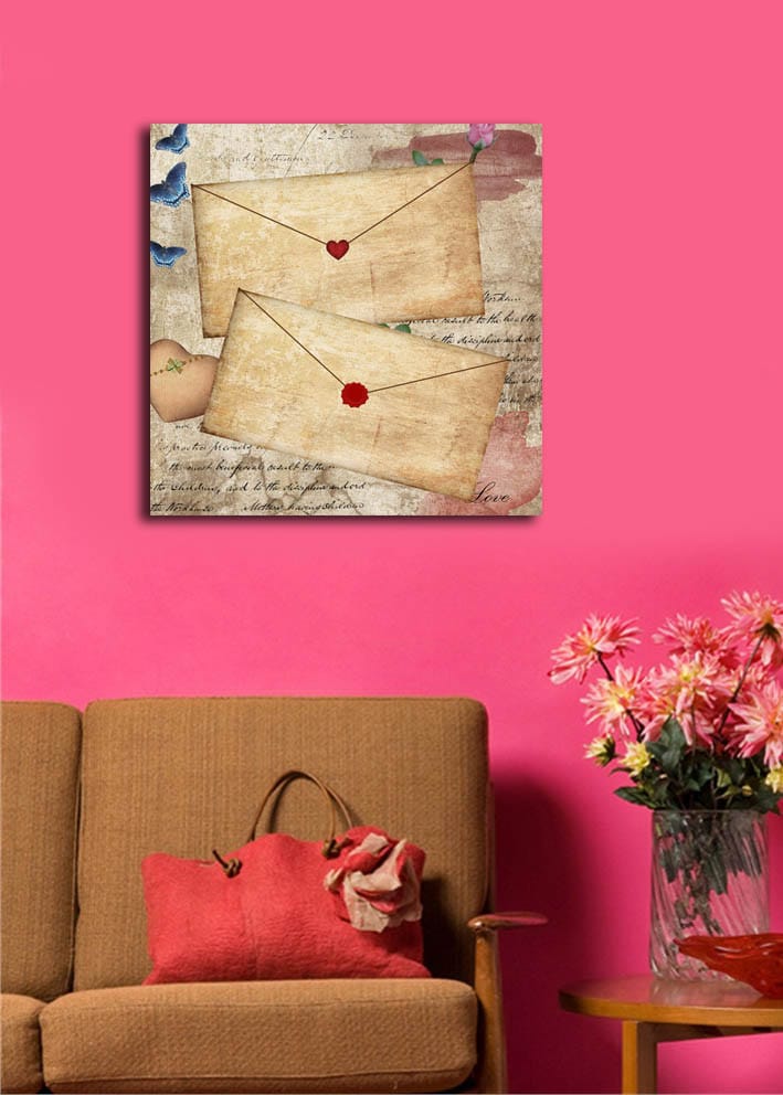 Canvastavla 45x45 cm - Brev med hjärtan och blommor på ett gammaldags papper - Beige / Röd / Blå - Inredning - Tavlor & konst - Canvastavlor