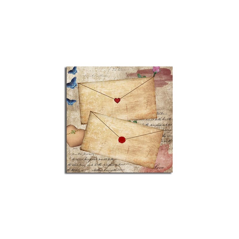 Canvastavla 45x45 cm - Brev med hjärtan och blommor på ett gammaldags papper - Beige / Röd / Blå - Inredning - Tavlor & konst - Canvastavlor