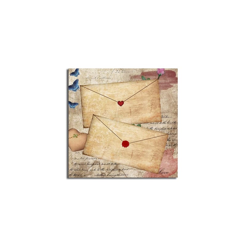 Canvastavla 45x45 cm - Brev med hjärtan och blommor på ett gammaldags papper - Beige / Röd / Blå - Inredning - Tavlor & konst - Canvastavlor