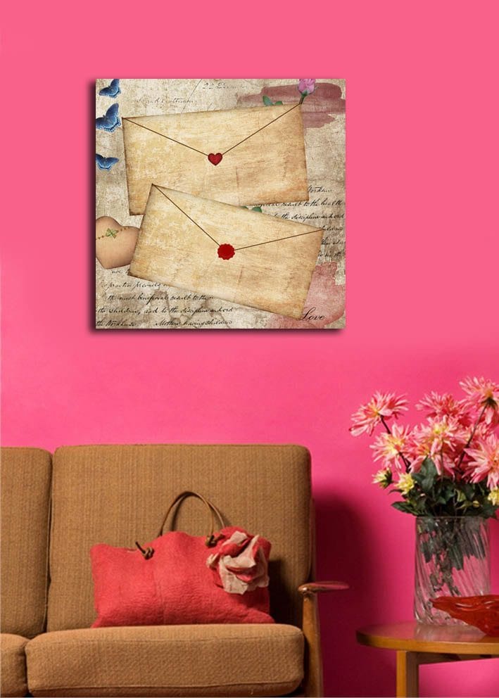 Canvastavla 45x45 cm - Brev med hjärtan och blommor på ett gammaldags papper - Beige / Röd / Blå - Inredning - Tavlor & konst - Canvastavlor