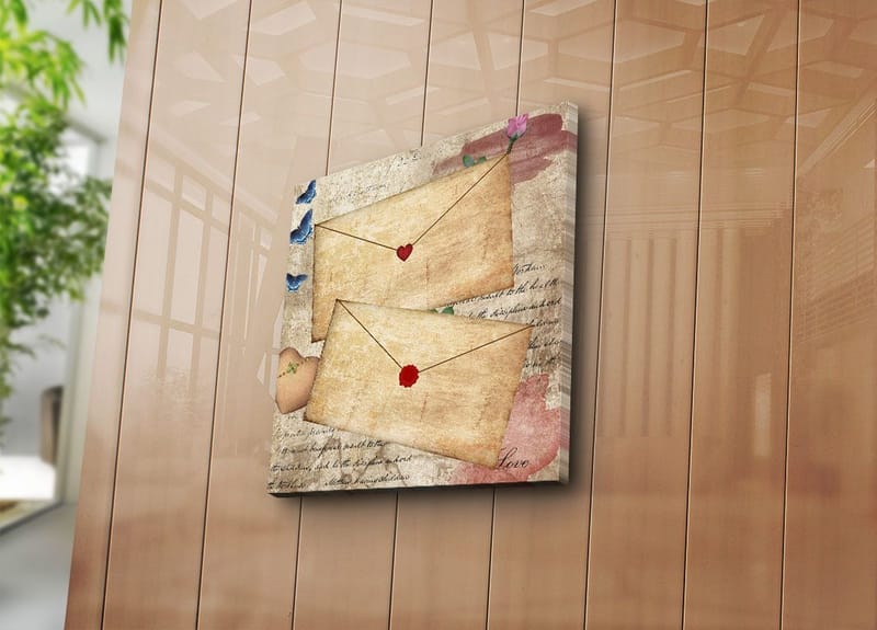 Canvastavla 45x45 cm - Brev med hjärtan och blommor på ett gammaldags papper - Beige / Röd / Blå - Inredning - Tavlor & konst - Canvastavlor
