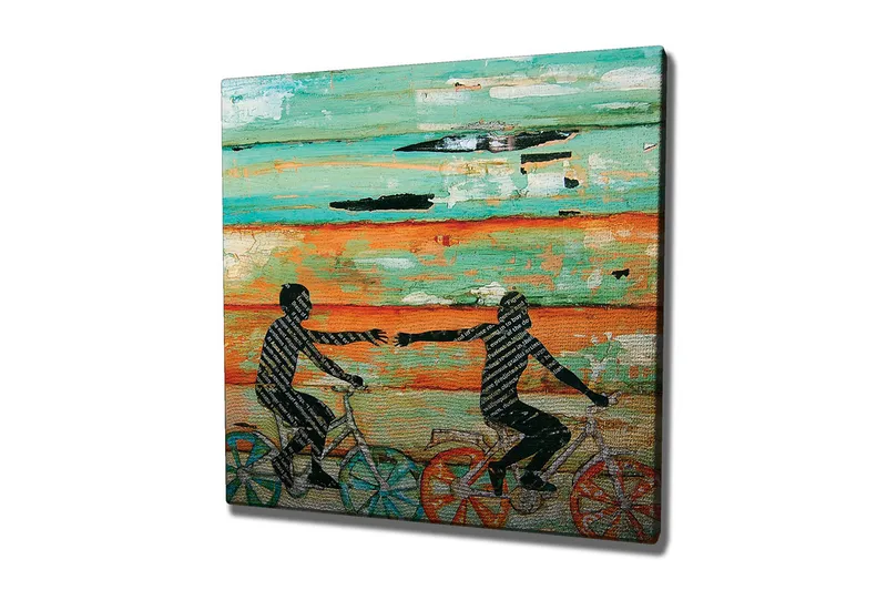 Canvastavla 45x45 cm - Cyklande personer som sträcker ut händerna mot varandra - Turkos / Orange / Svart - Inredning - Tavlor & konst - Canvastavlor