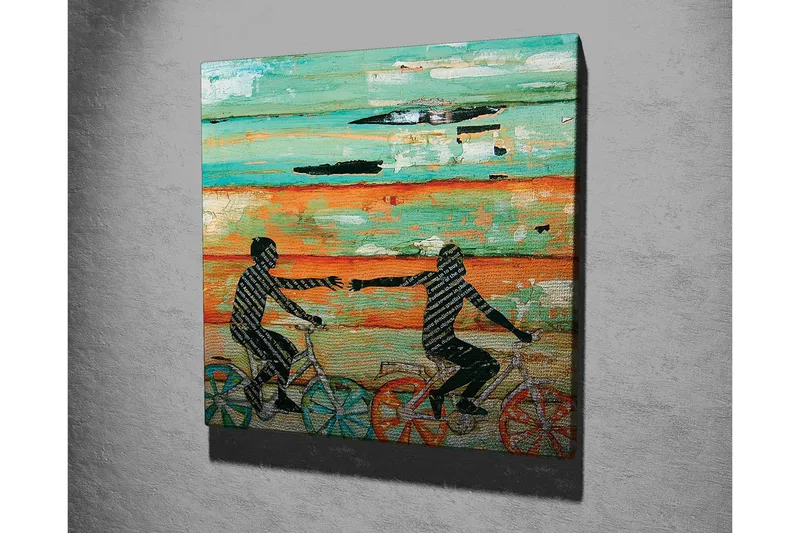 Canvastavla 45x45 cm - Cyklande personer som sträcker ut händerna mot varandra - Turkos / Orange / Svart - Inredning - Tavlor & konst - Canvastavlor