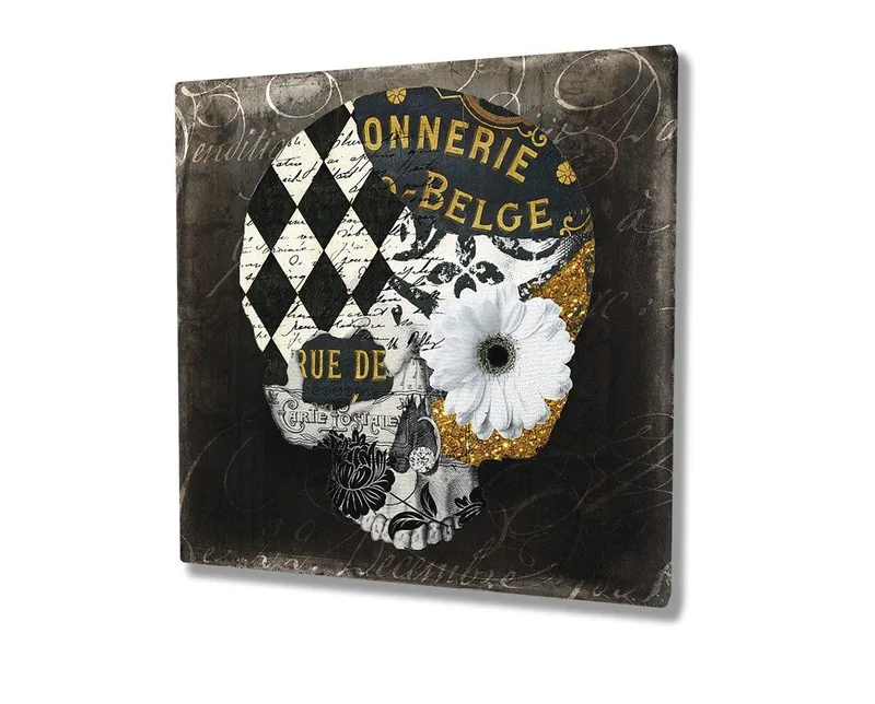 Canvastavla 45x45 cm - Dödskalle med blommor och geometriska mönster - Svart / Vitt / Gult - Inredning - Tavlor & konst - Canvastavlor