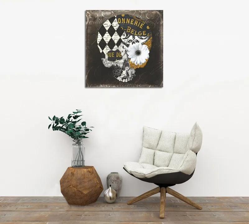 Canvastavla 45x45 cm - Dödskalle med blommor och geometriska mönster, Svart / Vitt / Gult